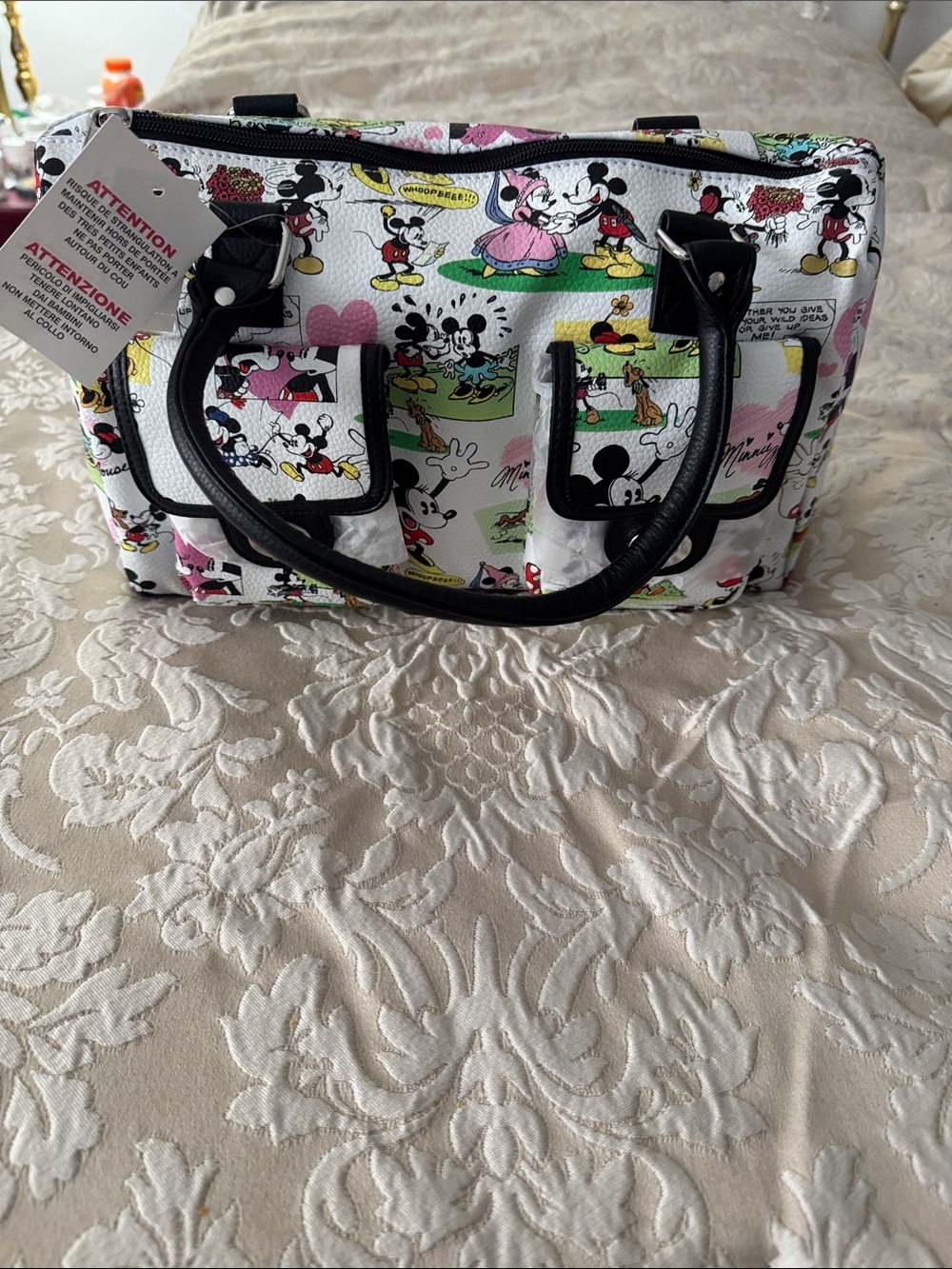 Disney White Satchel with Black Handles and Multi-Color Cartoon Print